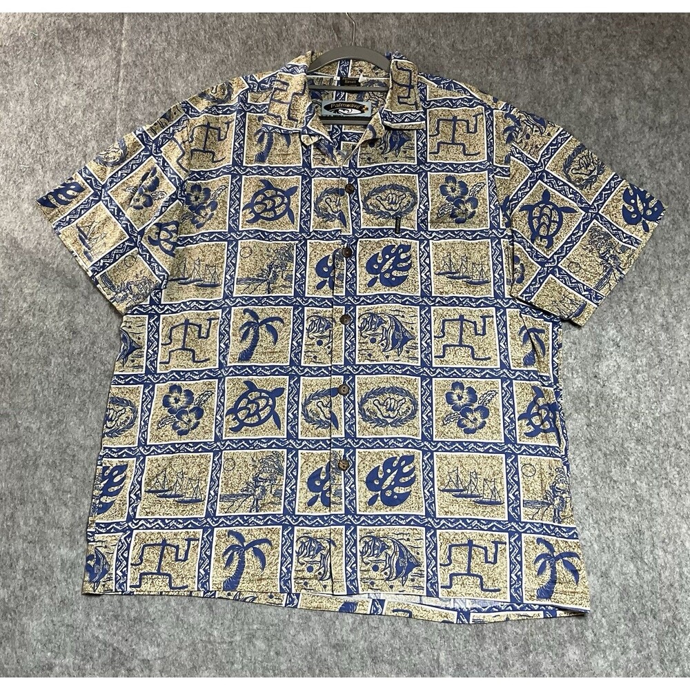 Palmwave Hawaiian Shirt Mens Large Tropical Tribal Turtle Hang 10 Surf Aloha